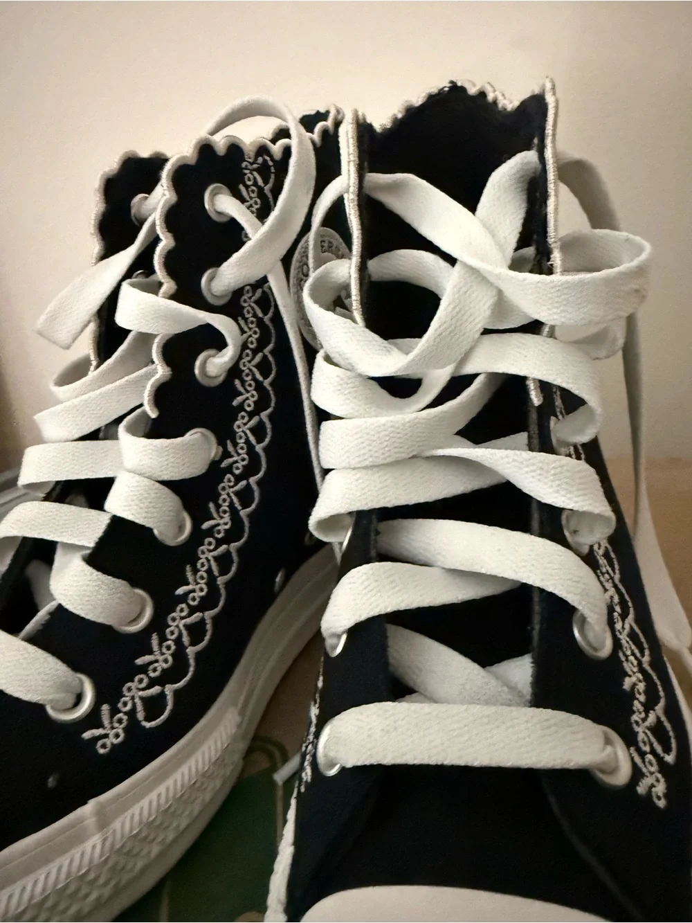 Black High-Top Canvas Sneakers with White Lace-Up and embroidery